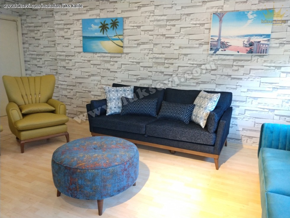 İnce Kollu Koltuk Takımı Mavi Modern Lüksevi