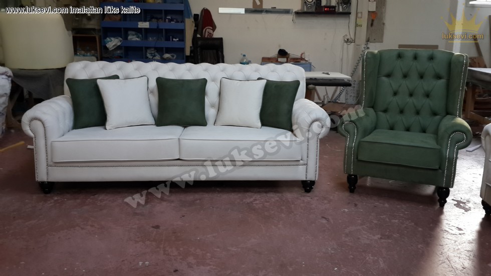 Yeşil Beyaz Chester Koltuk Takımı Klasik Tasarım Lüksevi