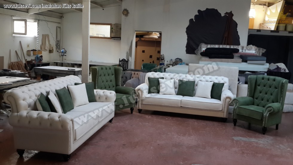Yeşil Beyaz Chester Koltuk Takımı Klasik Tasarım Lüksevi