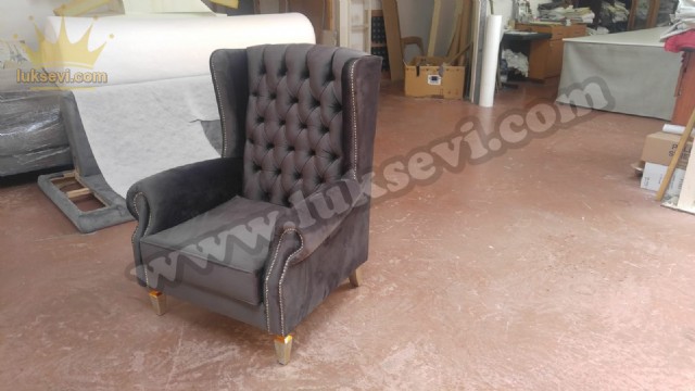 Koyu Gri Kulaklı Berjer Koltuk