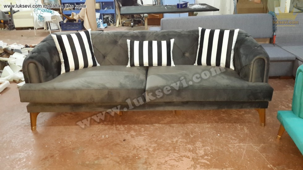 Baklava Dilimli Koltuk Takımı Siyah Yeşil Kadife Lüksevi