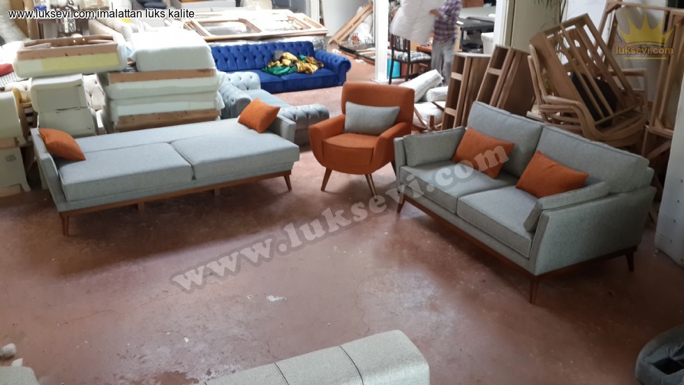 Leydi Koltuk Takımı Yataklı Gri Bej Ve Kiremit Rengi Lüksevi