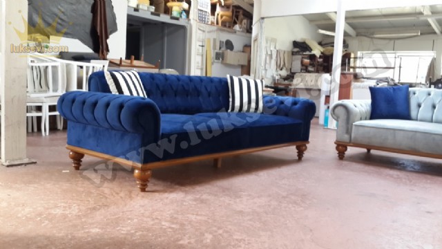 Resim No:7215 - Blue Velvet Chesterfield Sofa