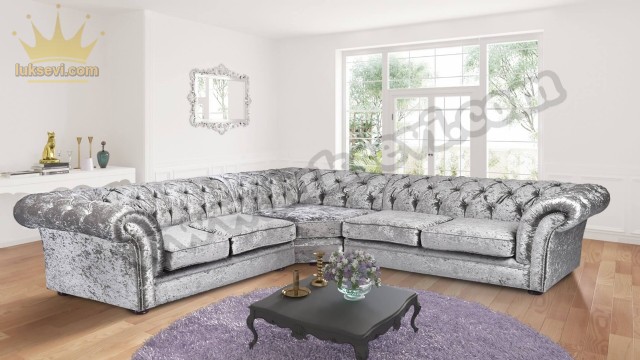 Fıstık Parlak Gri Chester Köşe Koltuk Takımı