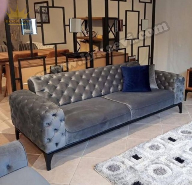 Gri Renkli Modern Yataklı Chester Üçlü Koltuk