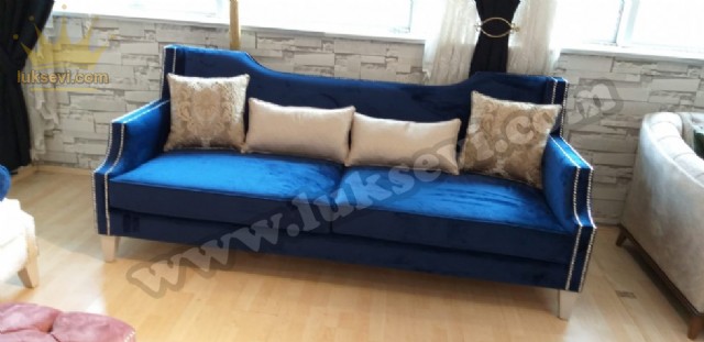 Kabara İşlemeli Kadife Lüks Üçlü Kanepe