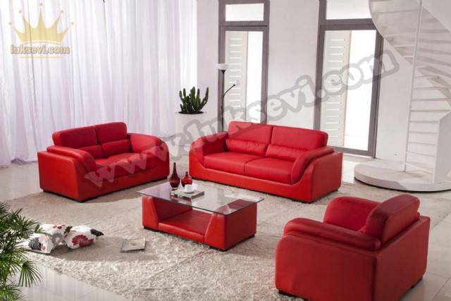 Resim No:6530 - Kırmızı Deri Luxury Studio Koltuk Takımı