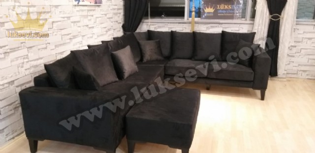 Modern Köşe Kotluk Takımı Siyah Kumaş