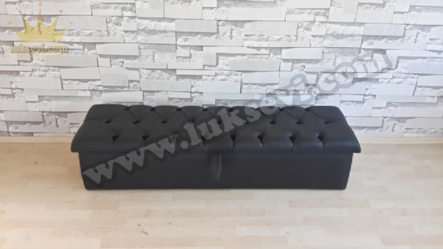 Siyah Deri Sandıklı Puf Kapitoneli