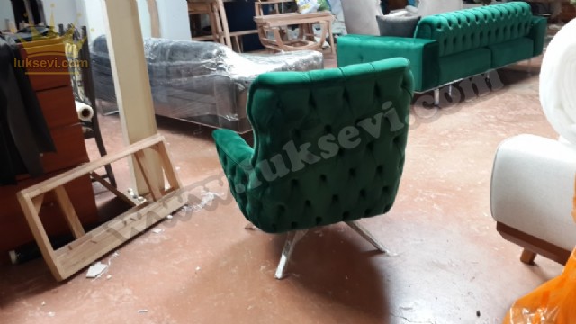Yeşil Kadife Kapitoneli Berjer Koltuk