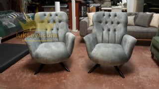 Baklava Dilimli Kapitoneli Gri Berjer Lüks Dekoratif