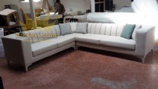 Keten Kumaş Beyaz Köşe Koltuk Takımı Dilimli Modern