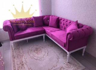 Pembe Chester L Köşe Koltuk Takımı Lüks Gösterişli Chester Köşe Koltuk