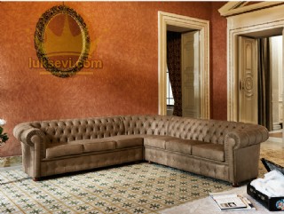 Pileli Chester Köşe Koltuk Takımı Klasik Tasarım Lüks Model